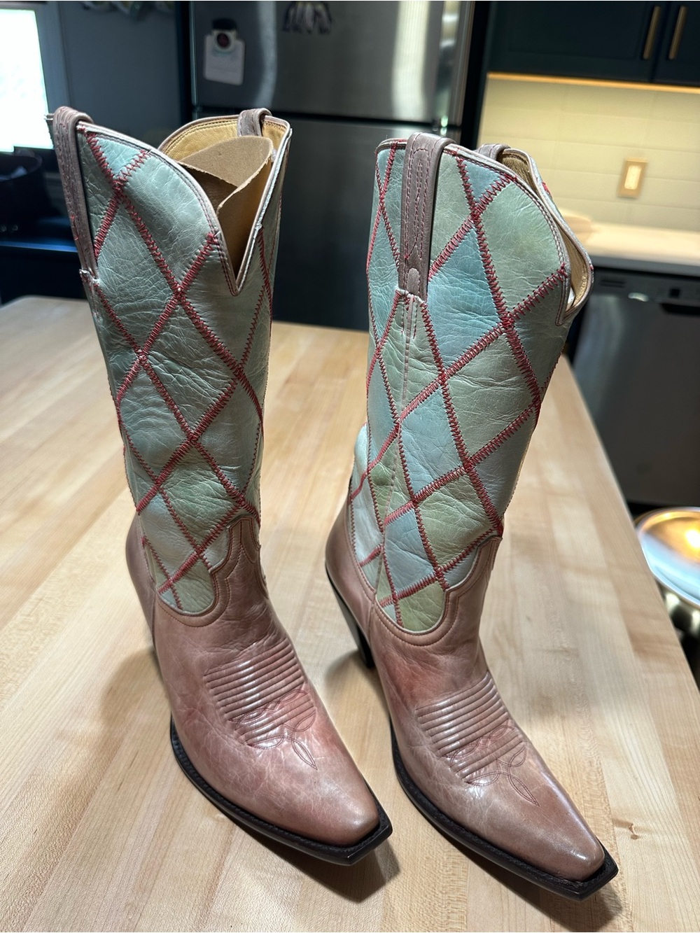 Two-Tone Leather Western Boots - Pink & Mint